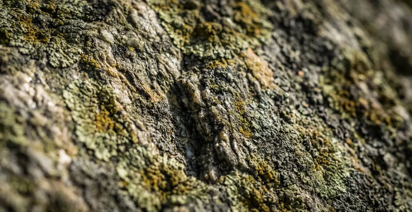 Vue macro détaillée de la texture du quartzite d'un menhir avec lichens et micro-reliefs révélés par la lumière rasante