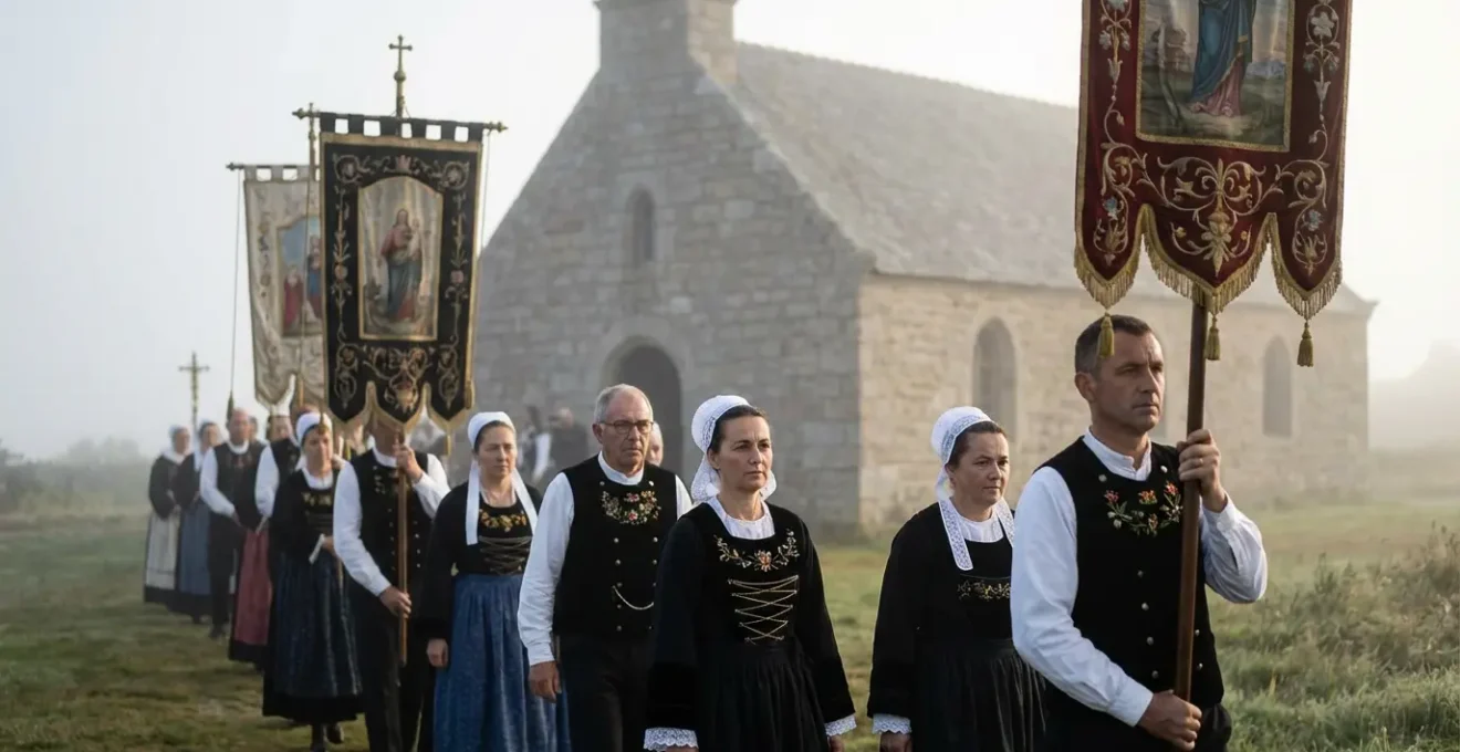 Procession d'un Pardon breton traditionnel en presqu'île de Crozon avec bannières et costumes