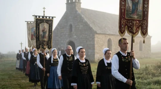 Procession d'un Pardon breton traditionnel en presqu'île de Crozon avec bannières et costumes