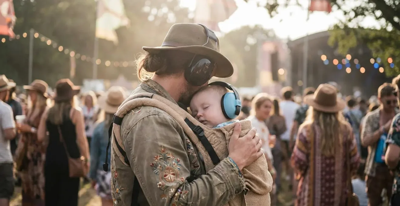 Parent portant un bébé en écharpe de portage lors d'un festival de musique