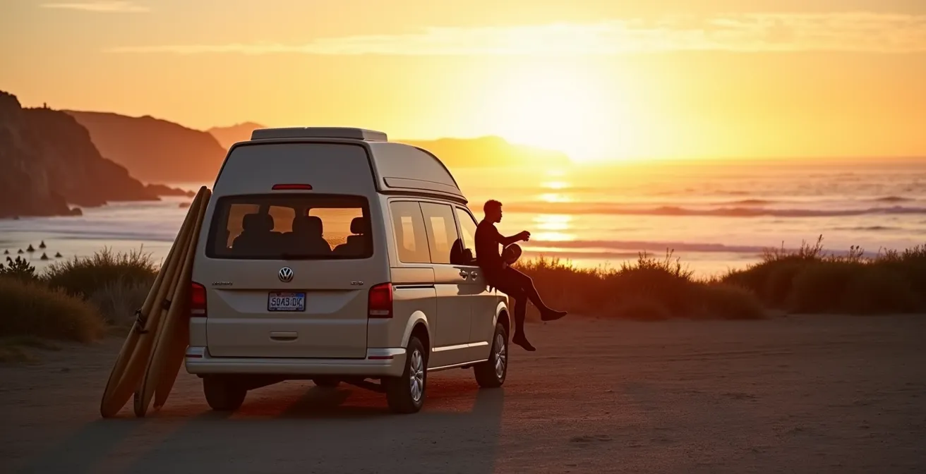Van aménagé garé légalement sur une aire dédiée avec vue sur la côte sauvage de Crozon au coucher du soleil