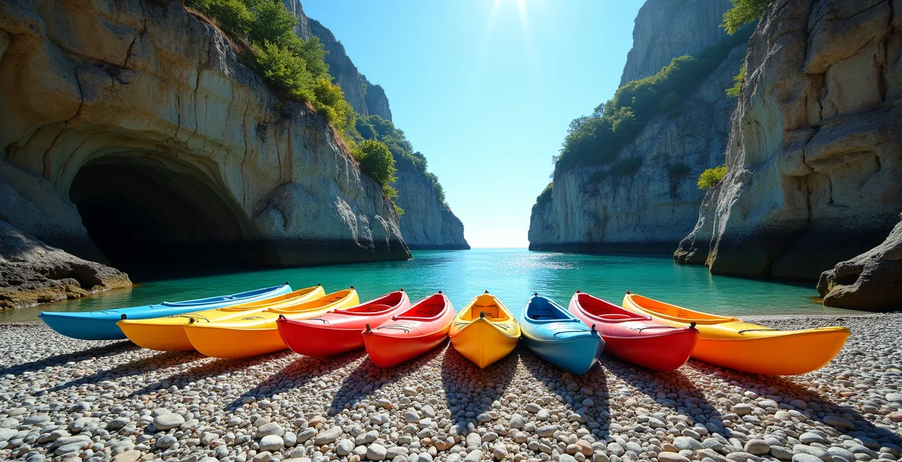Kayaks échoués sur une petite plage de galets avec falaises en arrière-plan