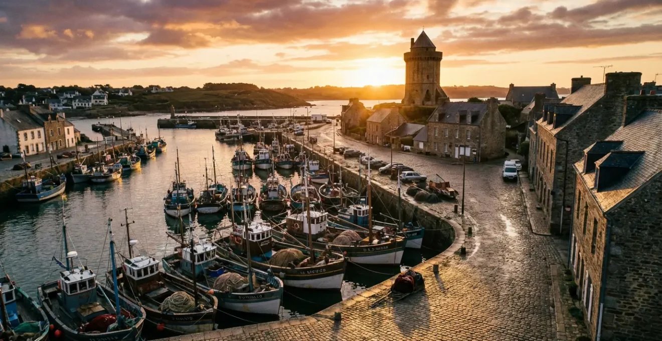 Port de Camaret avec ses bateaux de pêche traditionnels au coucher du soleil