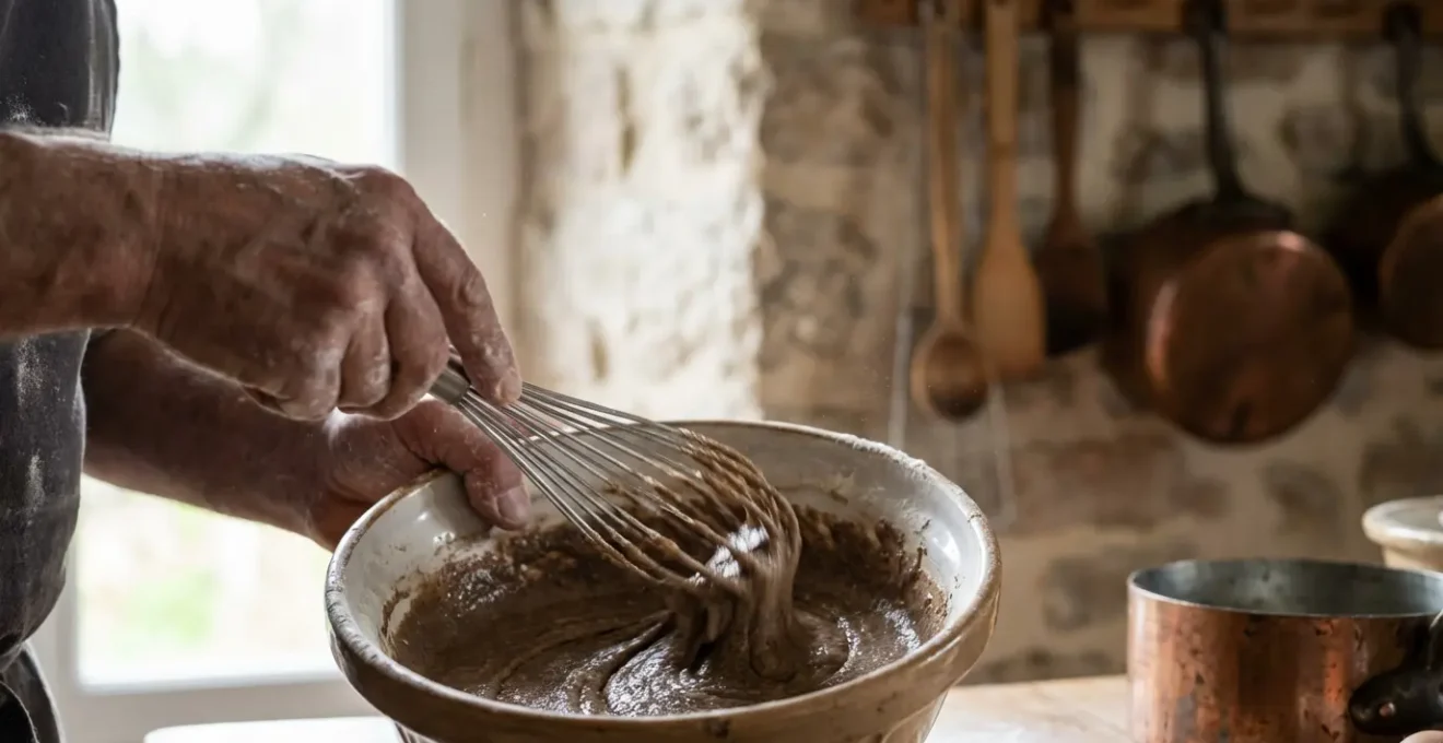 Mains de crêpier battant énergiquement la pâte à galette dans un saladier traditionnel