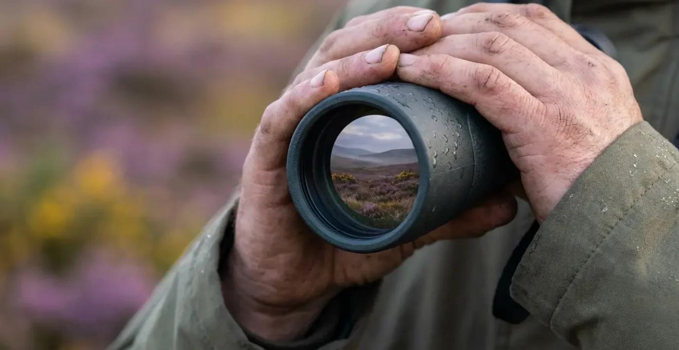Randonneur avec jumelles observant la faune dans les landes fleuries des Monts d'Arrée