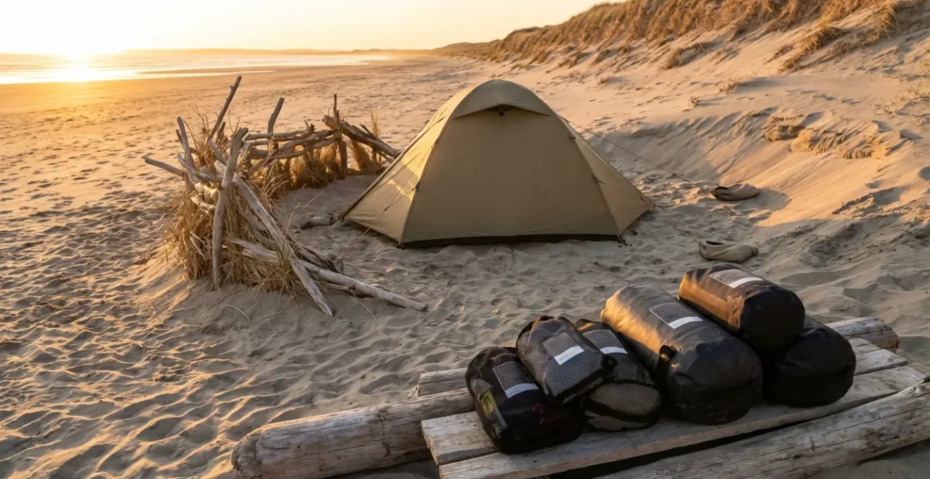 Campement organisé sur une plage avec tente moderne et équipements anti-sable au coucher de soleil