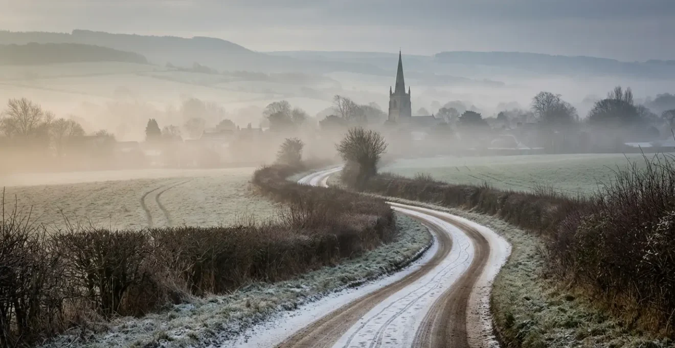 Chemin de campagne hivernal menant au village pour les courses quotidiennes
