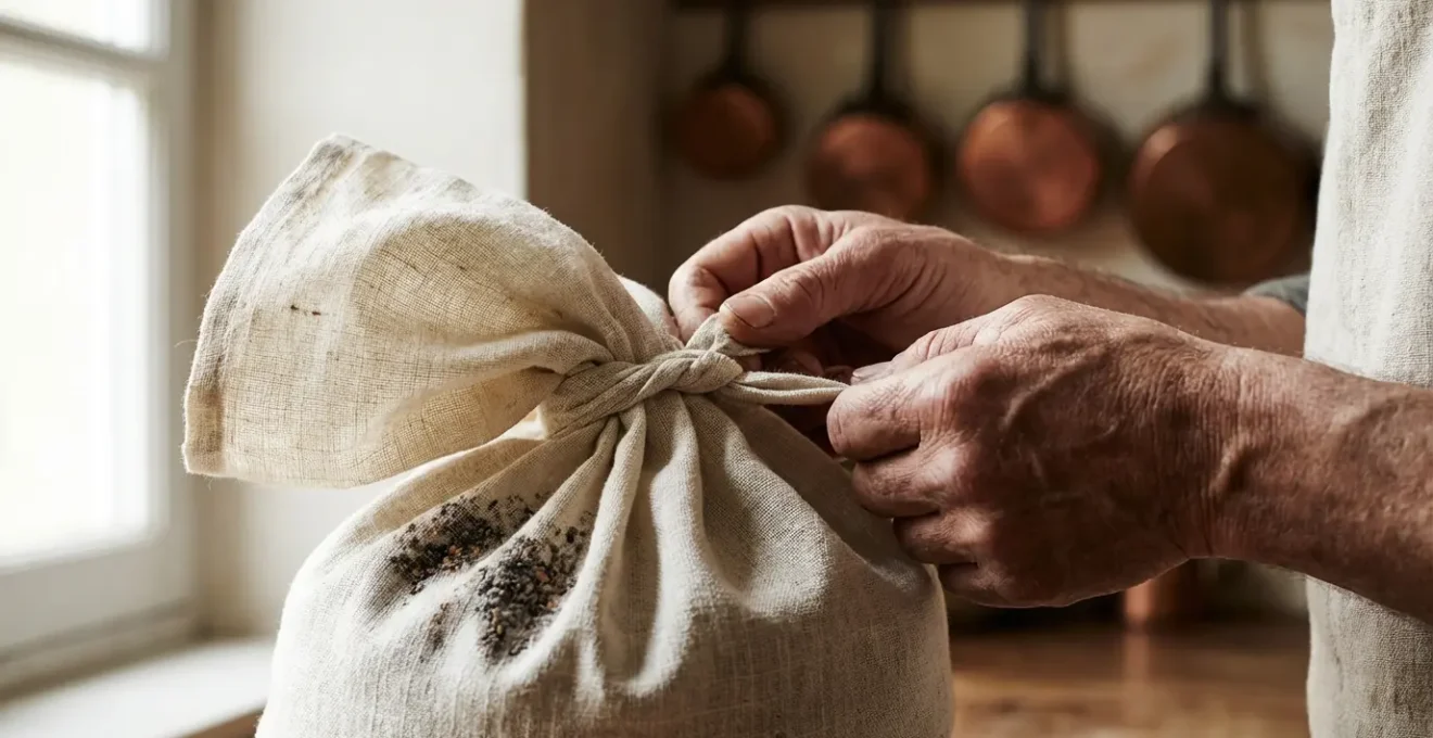 Mains nouant un sac en toile de lin rempli de pâte à far noir
