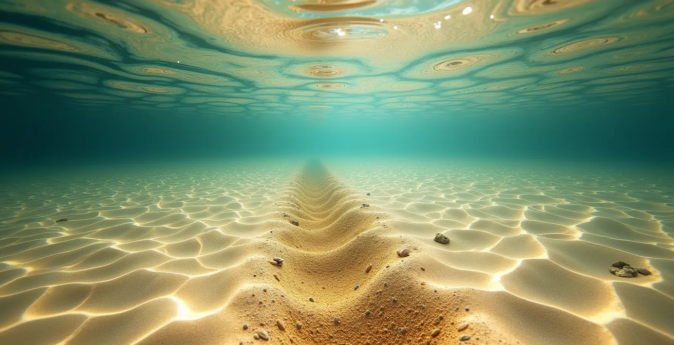 Vue aérienne montrant la formation des chenaux de baïnes entre les bancs de sable à La Palue