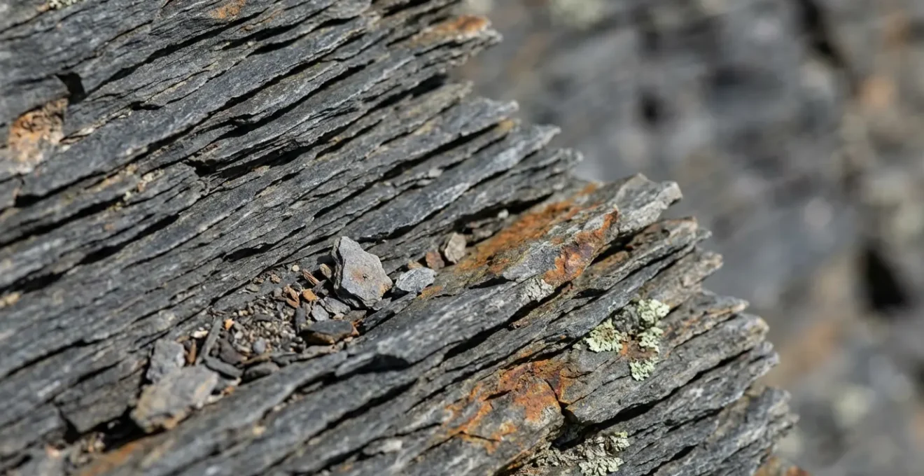 Vue latérale sécurisée montrant la structure feuilletée des schistes friables en falaise