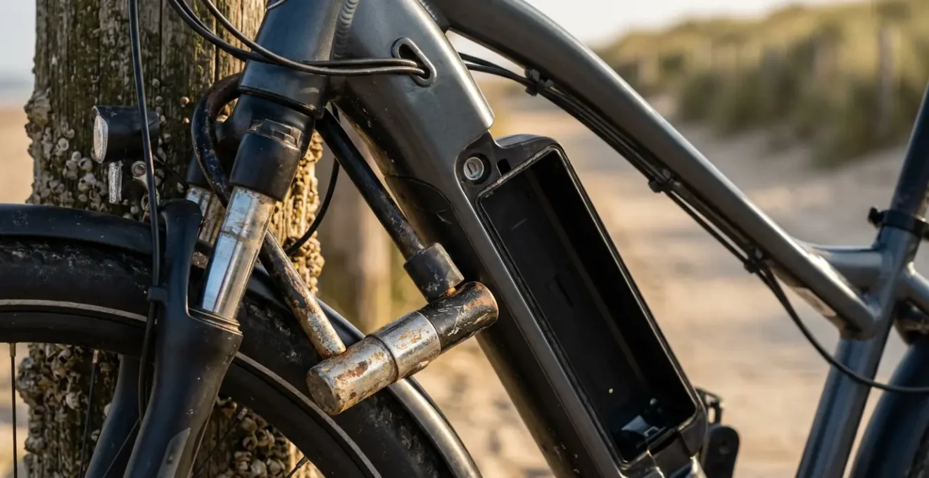 Vélo électrique correctement attaché à une barrière en haut d'un accès plage avec antivol en U