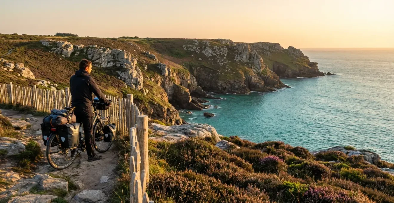 Cycliste contemplant la vue panoramique sur la presqu'île de Crozon depuis une piste cyclable côtière au coucher de soleil