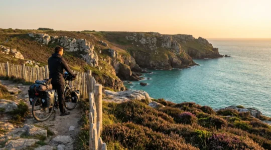 Cycliste contemplant la vue panoramique sur la presqu'île de Crozon depuis une piste cyclable côtière au coucher de soleil
