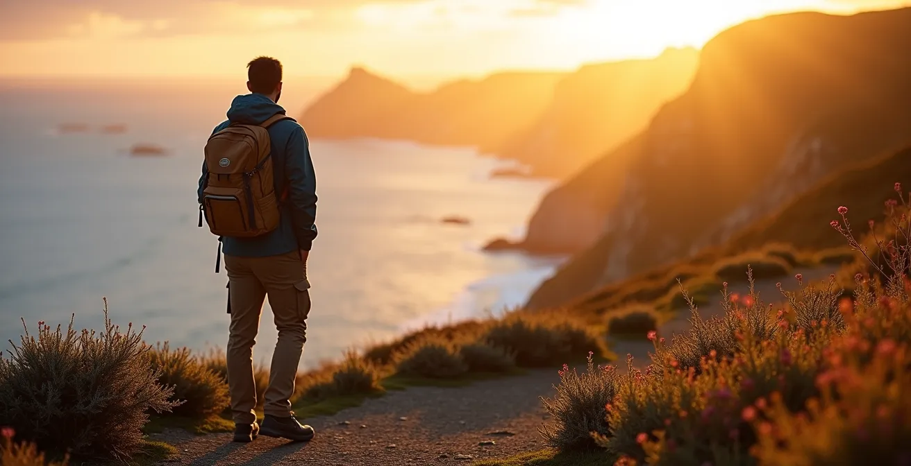 Paysage côtier de la presqu'île de Crozon baigné dans la lumière dorée caractéristique de septembre