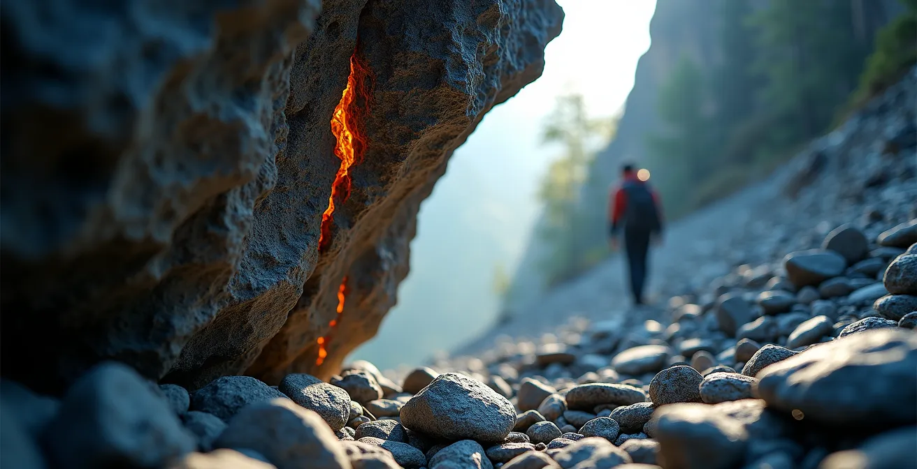 Vue en contre-plongée d'un surplomb de schiste friable montrant les écailles prêtes à tomber et les fissures