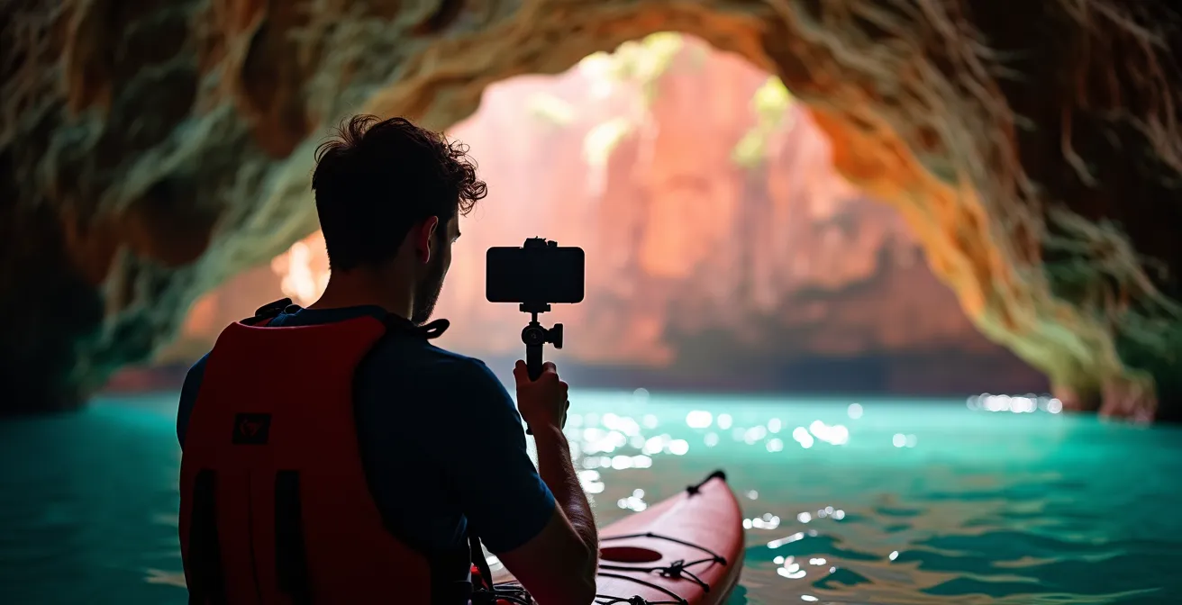 Photographe en kayak utilisant la technique HDR pour capturer les couleurs des parois d'une grotte marine