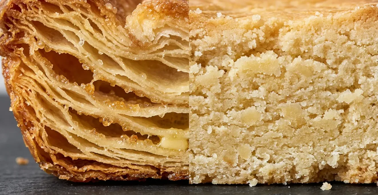 Coupe transversale montrant les couches feuilletées du kouign-amann et la texture sablée du gâteau breton