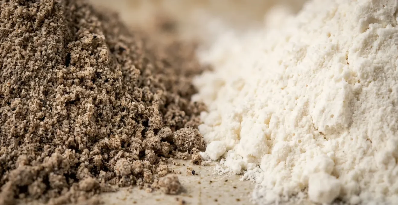 Gros plan sur les textures contrastées du far noir friable et du far blanc moelleux