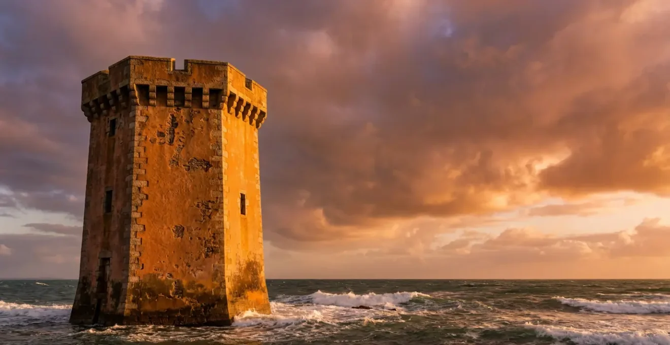 Tour hexagonale dorée de Vauban sur le sillon de Camaret avec batterie basse face à la mer