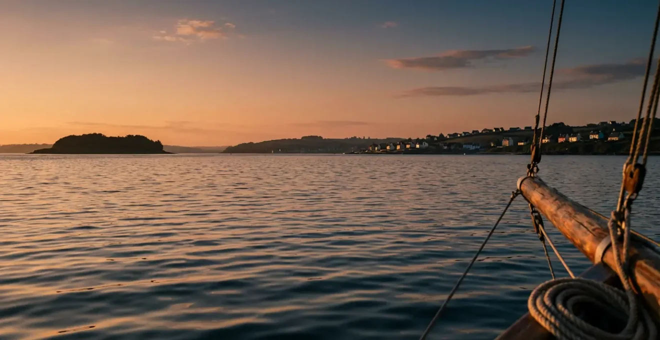 Vue panoramique de la baie de Douarnenez depuis la mer avec l'île Tristan au premier plan