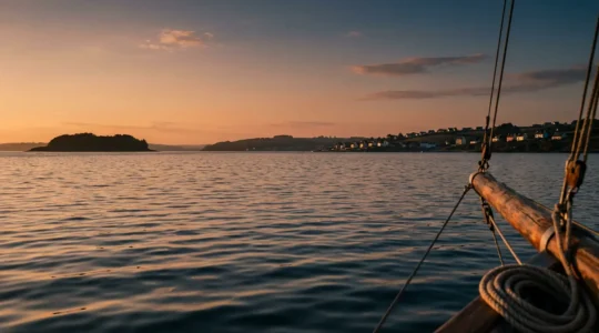 Vue panoramique de la baie de Douarnenez depuis la mer avec l'île Tristan au premier plan