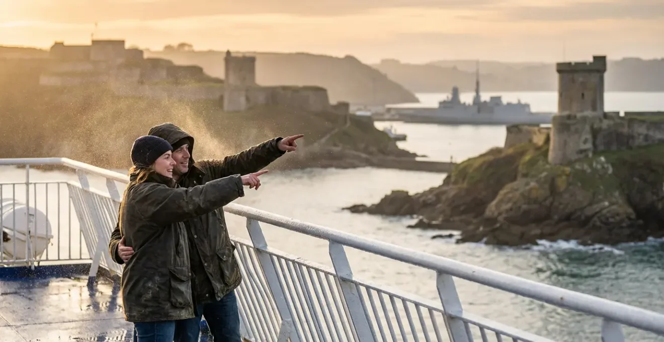 Vue maritime de la rade de Brest avec ses fortifications et navires militaires