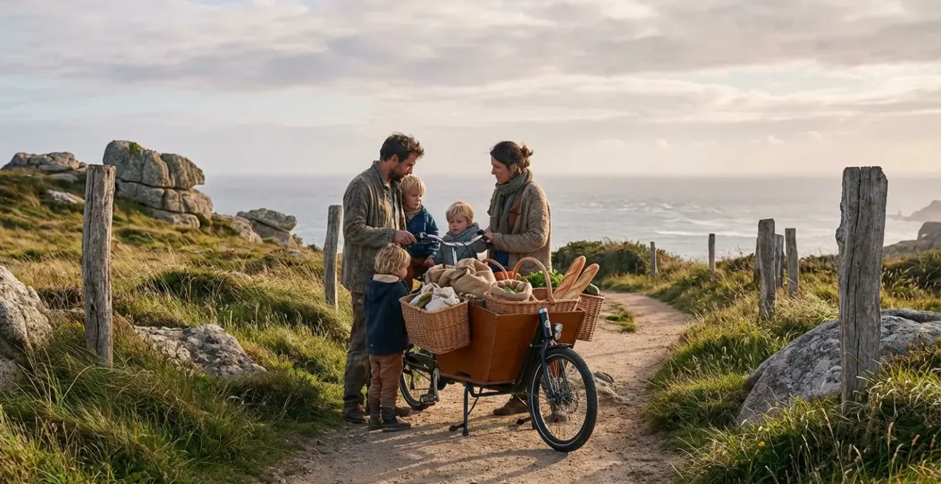 Famille avec vélo cargo sur un sentier côtier breton transportant provisions de marché