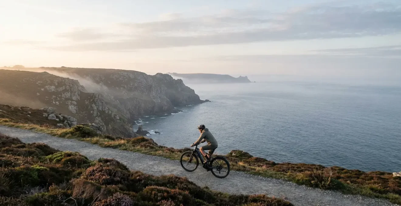 Cycliste en vélo électrique gravissant une côte escarpée sur la presqu'île de Crozon face à l'océan