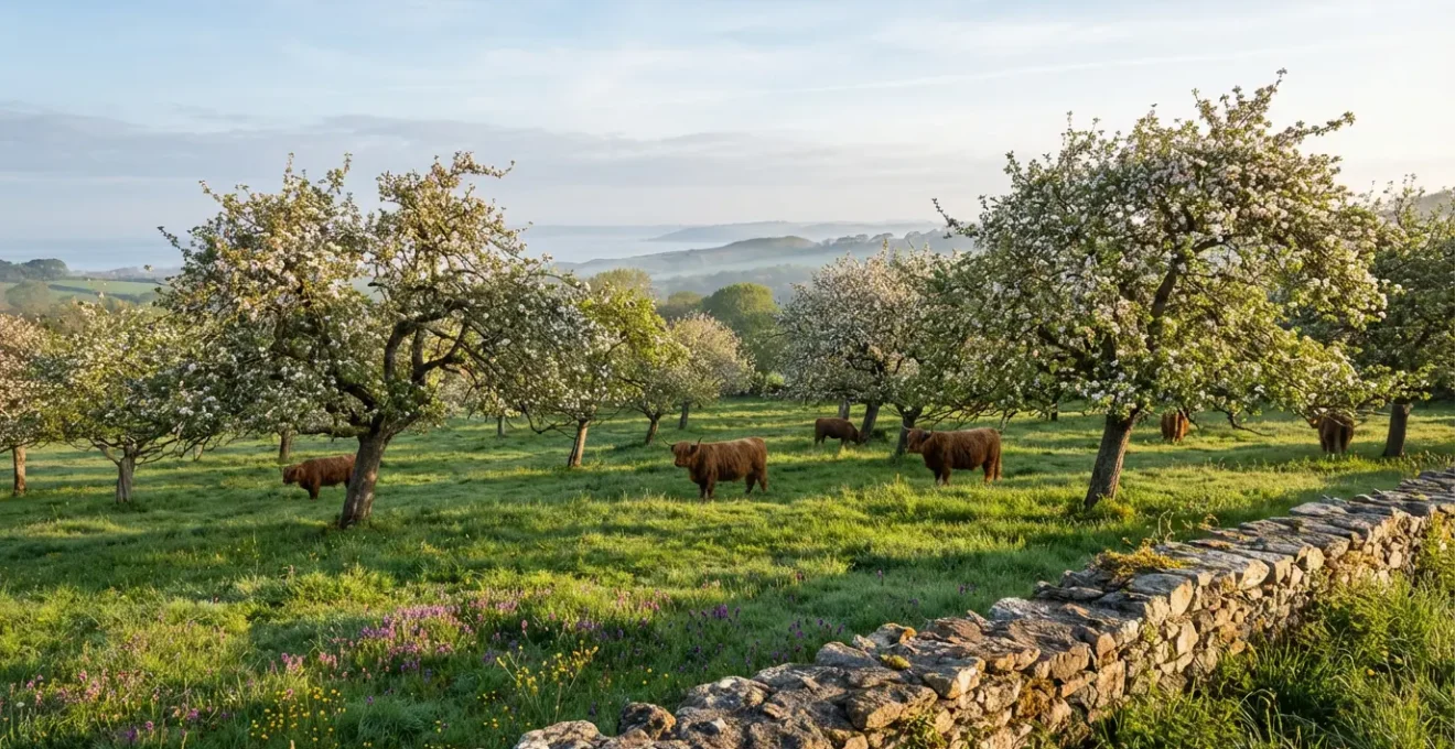 Verger de pommiers haute-tige en Cornouaille avec vaches pâturant sous les arbres en fleurs