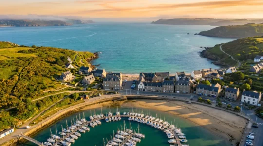 Vue panoramique du port de Morgat avec ses bateaux de plaisance et la baie de Douarnenez en arrière-plan