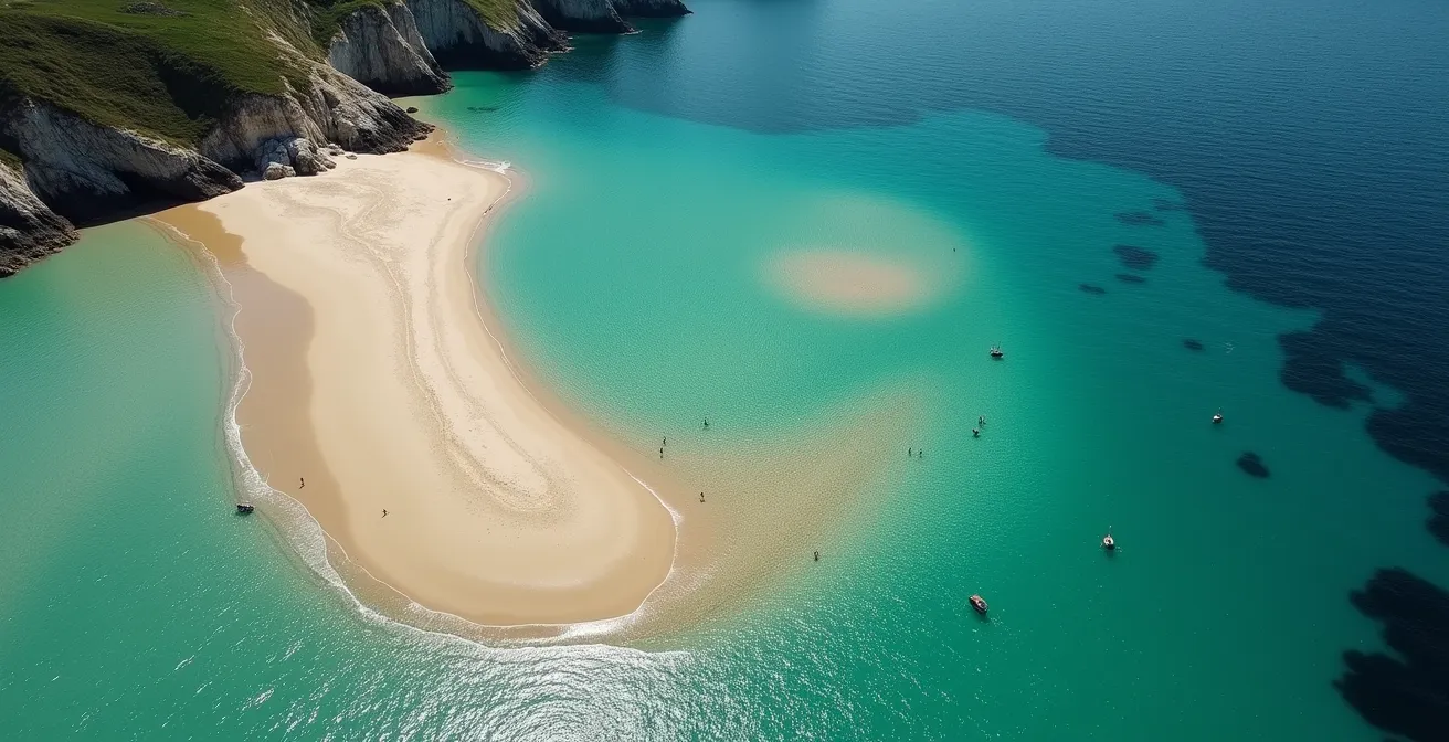 Vue aérienne de la plage de Goulien montrant les zones de pratique sécurisées pour débutants