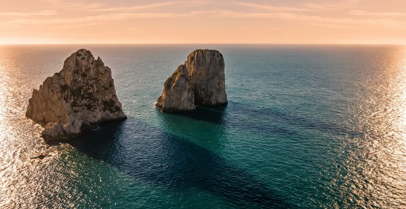 Vue aérienne des Tas de Pois émergeant de l'eau turquoise au large de la presqu'île de Crozon
