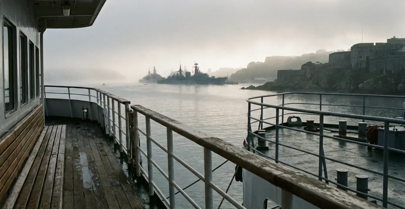 Vue depuis le pont d'un bateau montrant des navires militaires au mouillage dans la rade de Brest