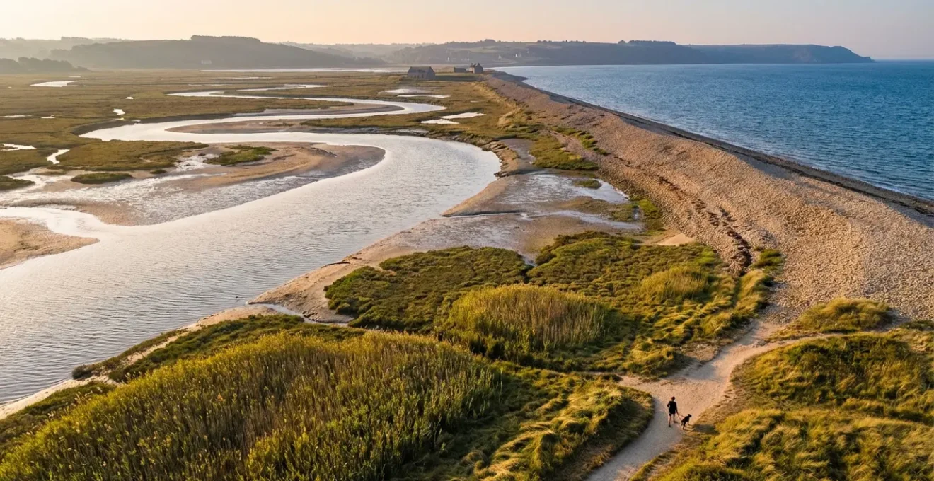 Vue aérienne d'une zone humide côtière bretonne avec cordon de galets, lagune et végétation caractéristique