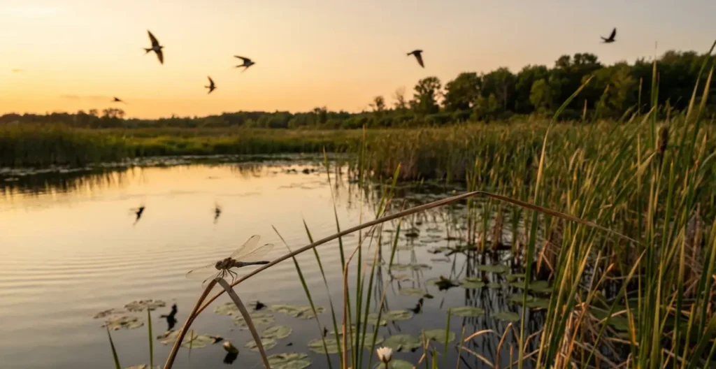 Vue d'ensemble d'un écosystème de zone humide montrant la diversité de la faune Vue d'ensemble d'un écosystème de zone humide montrant la diversité de la faune